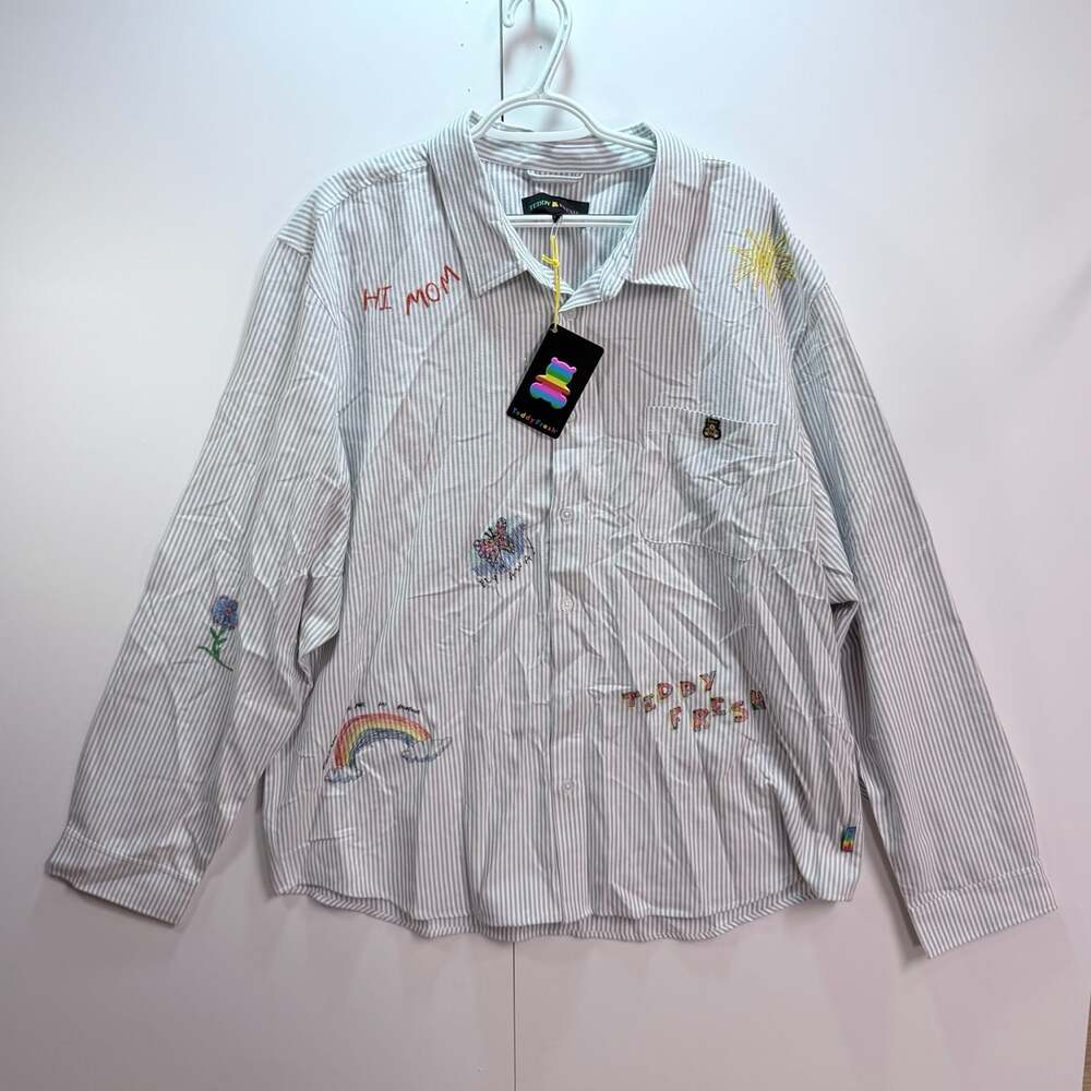 Teddy Fresh Embroidered Striped Long Sleeve Button-Down Shirt